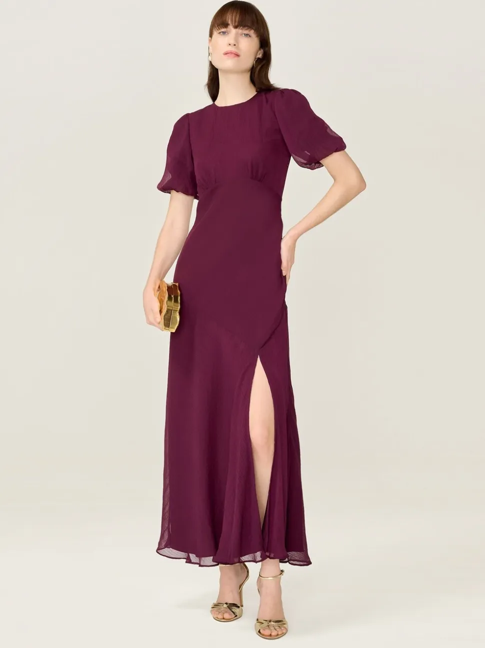 Rood - Omnes Nola Chiffon Puff Sleeve Side Slit Maxi Dress