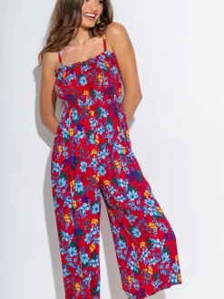 Rood - Pour Moi strandjumpsuit met halflange pijpen en aangrimpeld lijfje