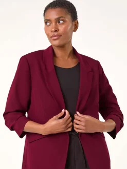 Rood - Roman blazer met ruches aan de mouwen en stretchy