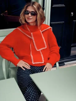 Rood - Scarf Layer Lace Trim Knitted Jumper