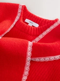 Rood - Scarf Layer Lace Trim Knitted Jumper