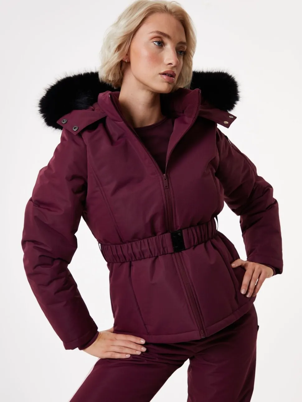 Rood - Threadbare - Gewatteerde ski-jas met riem
