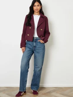 Rood - Threadbare cropped trenchcoat met dubbele rij knopen