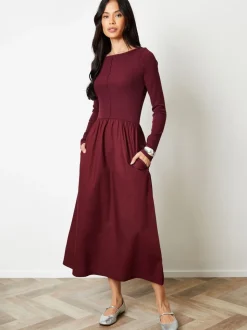 Rood - Threadbare 2-in-1 Jersey Poplin Mix jurk met schuine hals en lange mouwen