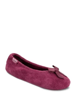 Rood - Totes Isotoner pantoffelballerina's van fijne badstof met strik