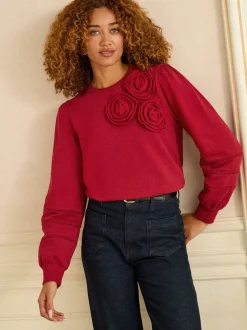 Rood corsagedetail - Love & Roses - Jersey sweatshirt met ronde hals