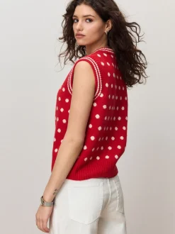 Rood met stippen - Mouwloze gebreide tanktop met wol