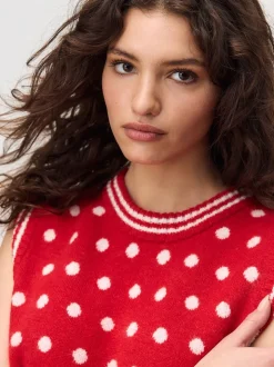 Rood met stippen - Mouwloze gebreide tanktop met wol