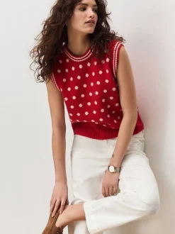 Rood met stippen - Mouwloze gebreide tanktop met wol