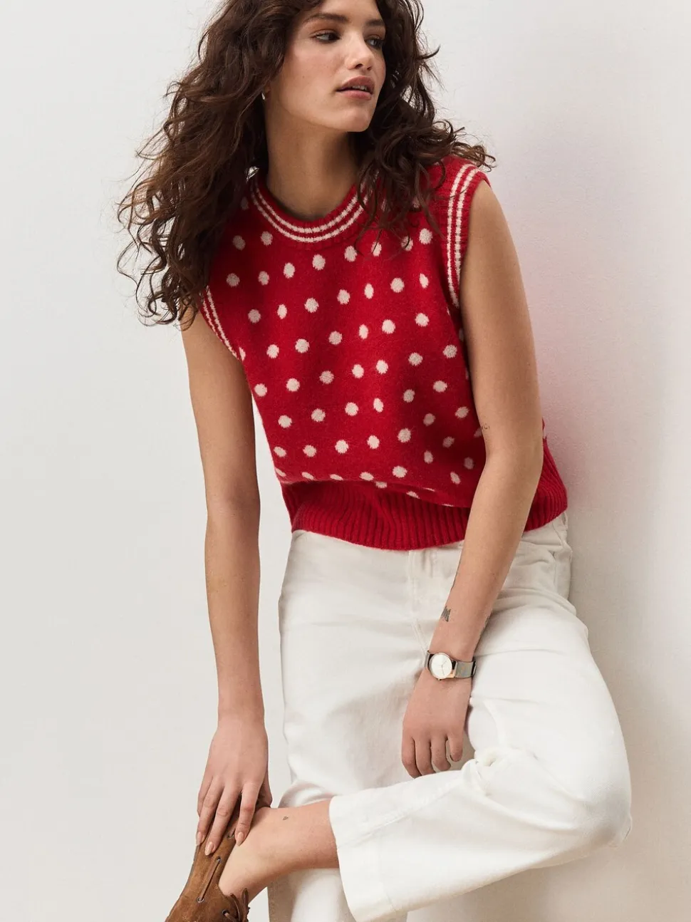 Rood met stippen - Mouwloze gebreide tanktop met wol