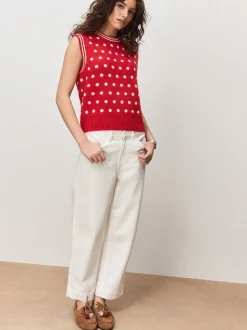 Rood met stippen - Mouwloze gebreide tanktop met wol
