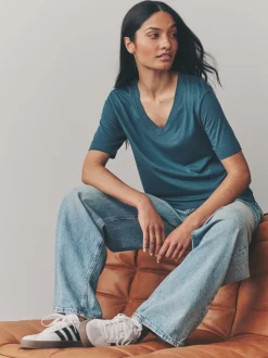 Rood/blauwgroen - Modal slouch T-shirt met korte mouwen verpakking van 3