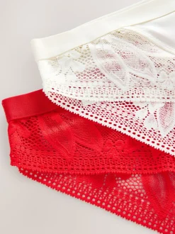 Rood/crèmekleurig - Verpakking van 2 slipjes van microvezel en kant