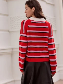 Rood/roze gestreept - 100% Wool N.Premium Polo Jumper