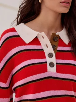 Rood/roze gestreept - 100% Wool N.Premium Polo Jumper