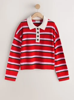 Rood/roze gestreept - 100% Wool N.Premium Polo Jumper