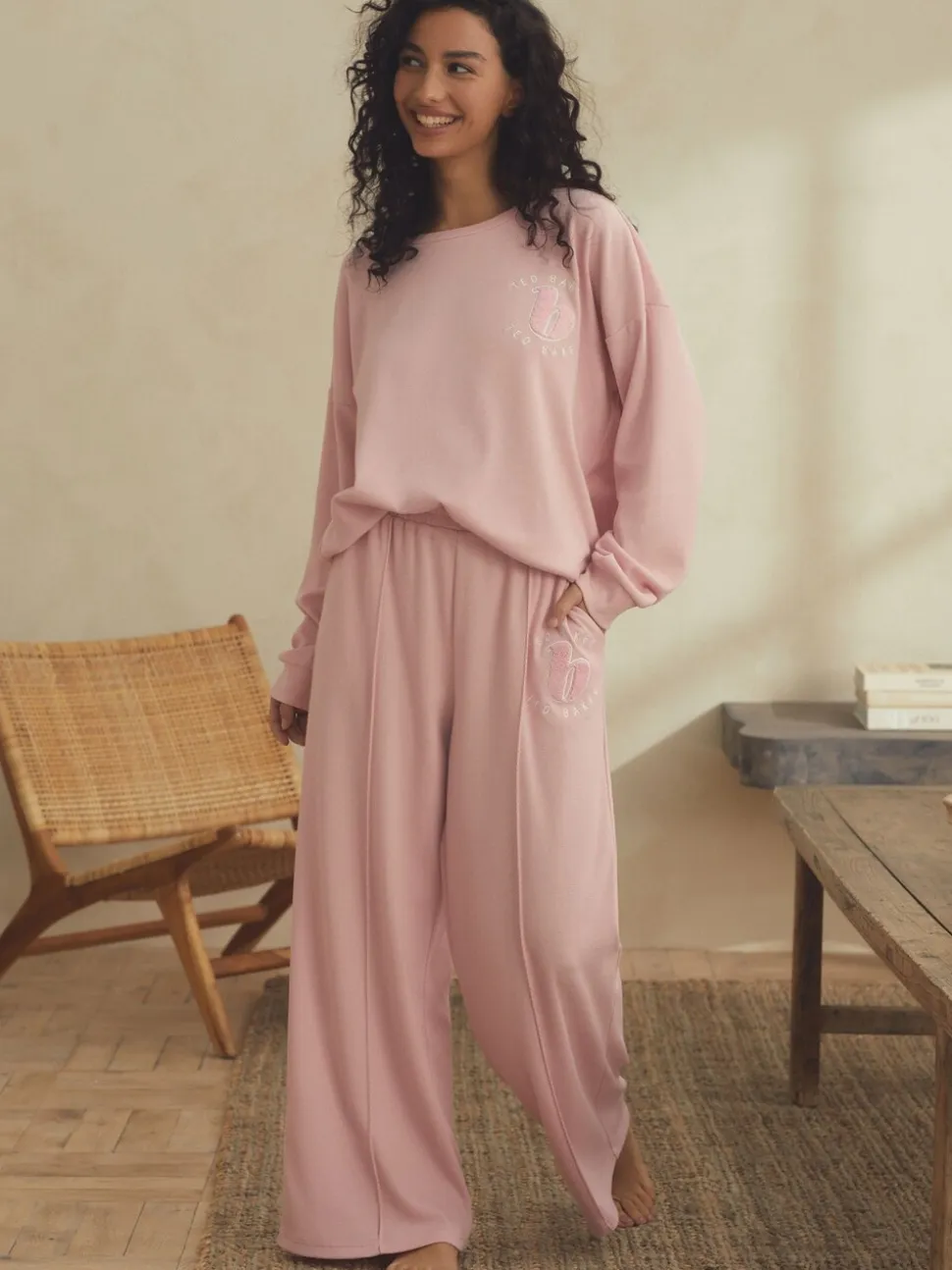 Roze - B by Ted Baker pyjama's van geborstelde katoenblend met wafelstof