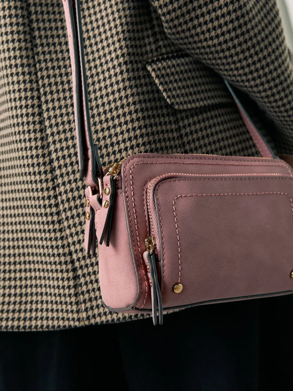 Roze - Double Zip Cross-Body Faux Suede Bag