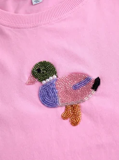 Roze - Embellished Duck Short Sleeve Crew Neck Top