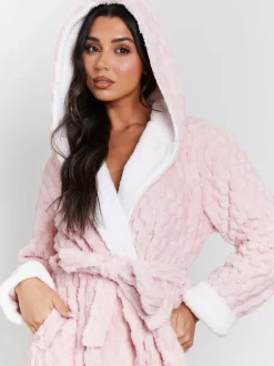 Roze - Loungeable - Geometrische luxe fleece maxi-badjas met capuchon