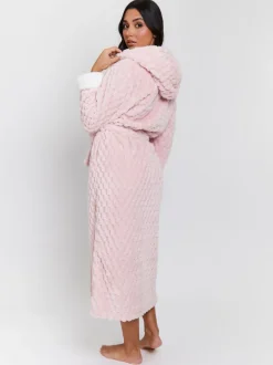 Roze - Loungeable - Geometrische luxe fleece maxi-badjas met capuchon