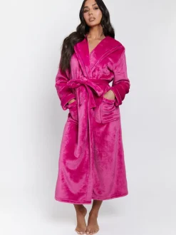Roze - Loungeable Christmas Ribbon Trim Luxury Fleece Hooded Maxi Robe