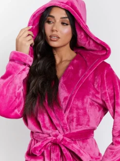Roze - Loungeable Christmas Ribbon Trim Luxury Fleece Hooded Maxi Robe