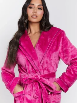 Roze - Loungeable Christmas Ribbon Trim Luxury Fleece Hooded Maxi Robe