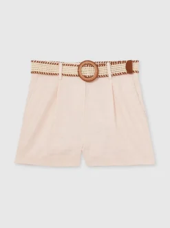 Roze - Reiss Beau linnen shorts met geplooide voorkant en ceintuur