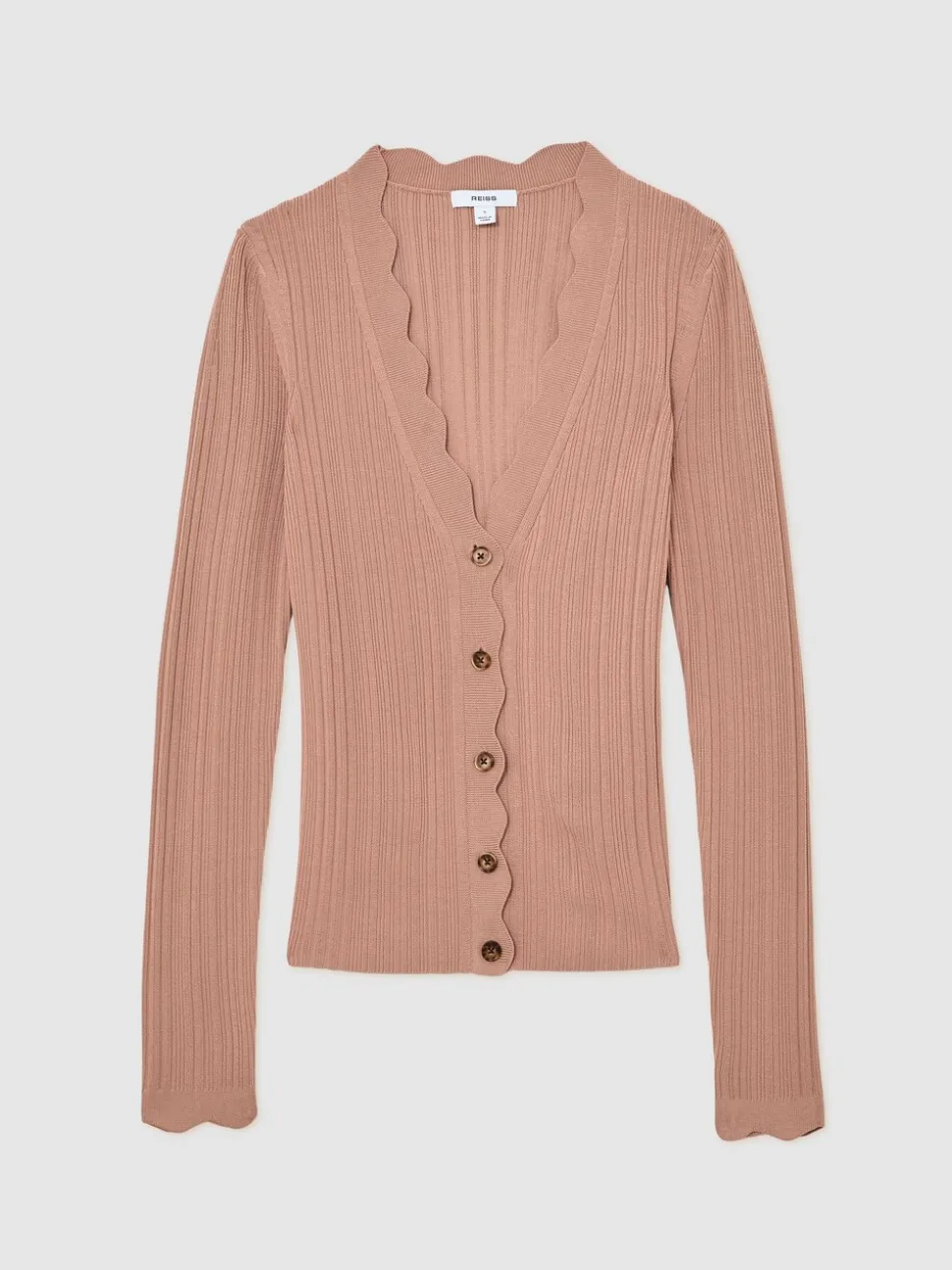 Roze - Reiss Vinny Rib-Knit Scallop-Trim Cardigan