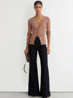 Roze - Reiss Vinny Rib-Knit Scallop-Trim Cardigan