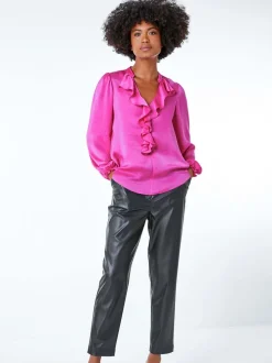 Roze - Roman satijnen blouse met ruches aan de hals