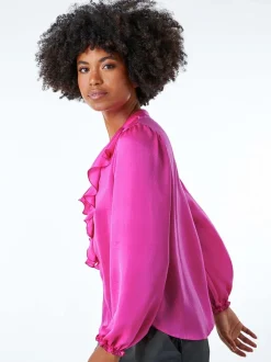 Roze - Roman satijnen blouse met ruches aan de hals