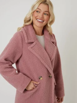 Roze - Threadbare Longline Double Breasted Borg Coat