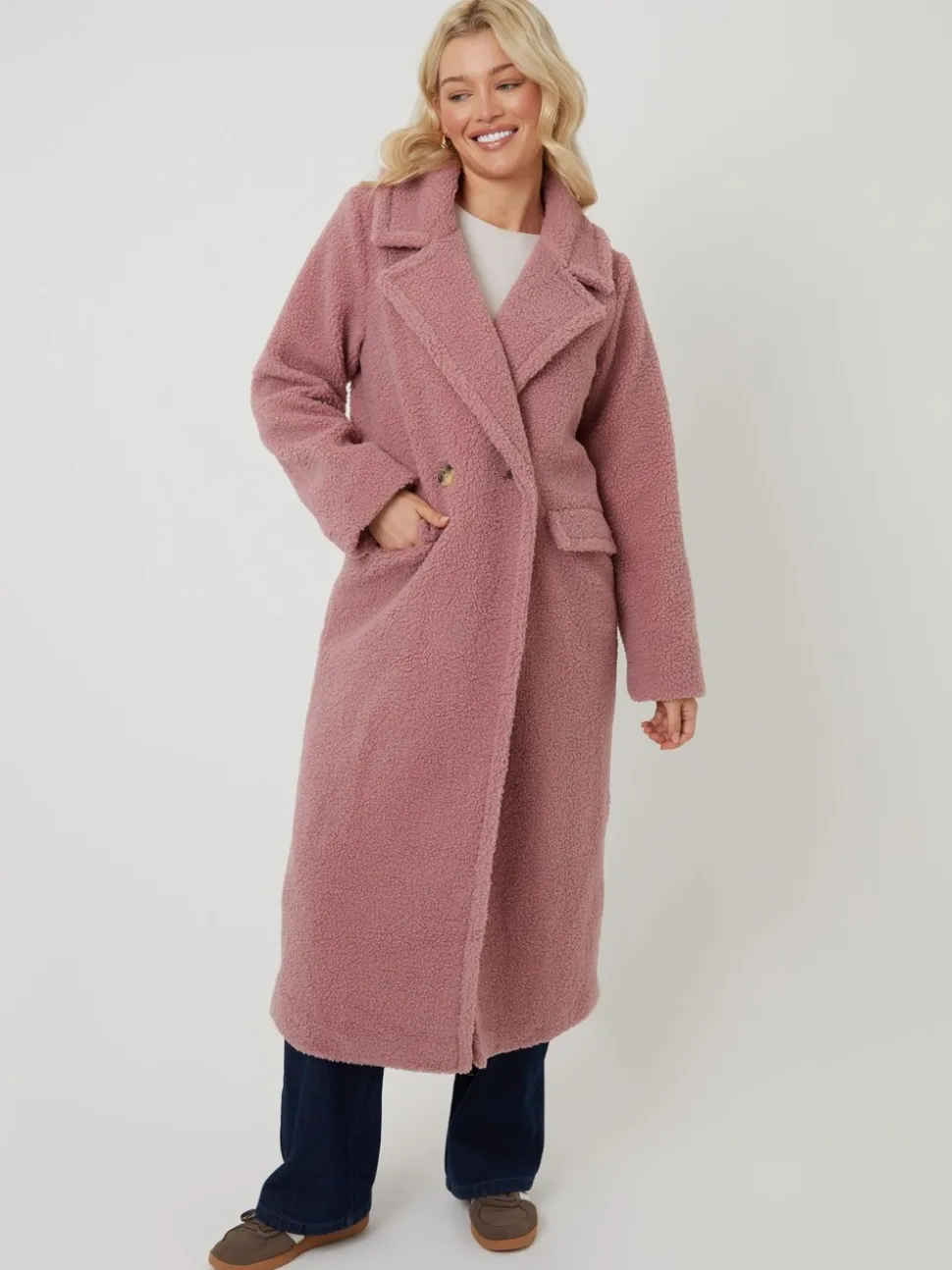 Roze - Threadbare Longline Double Breasted Borg Coat