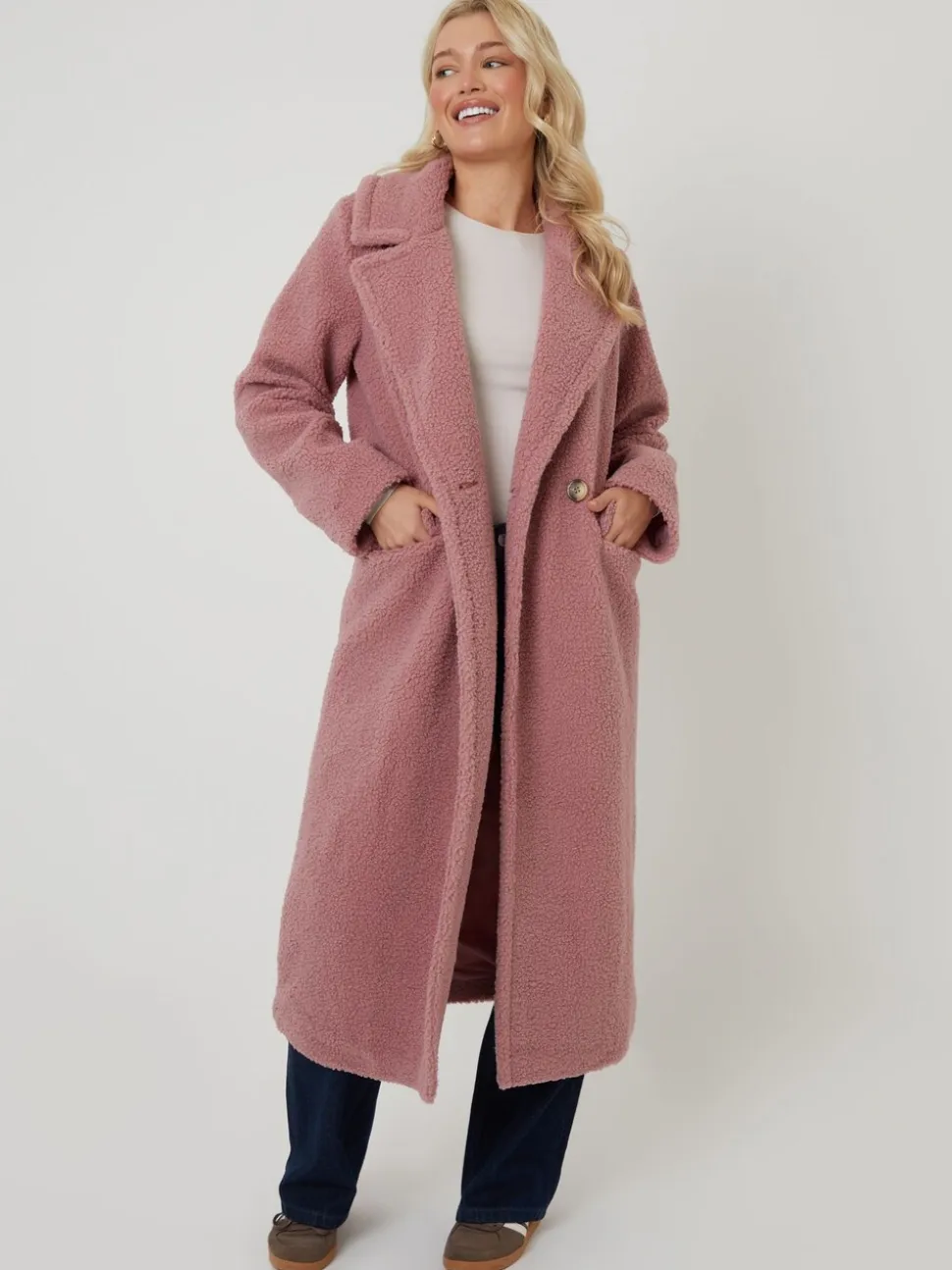 Roze - Threadbare Longline Double Breasted Borg Coat