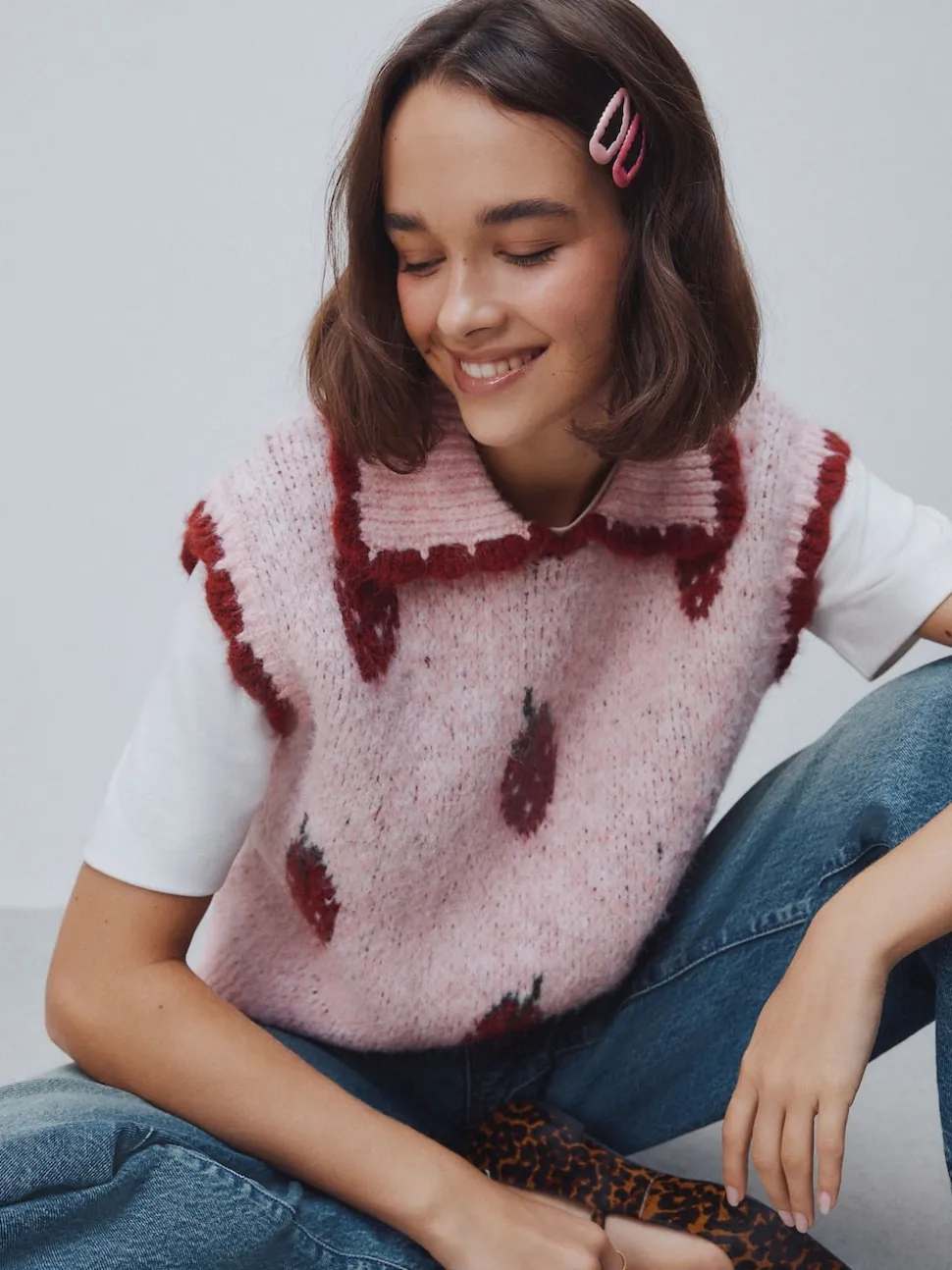 Roze aardbei - Sleeveless Knitted Tank Top With Wool