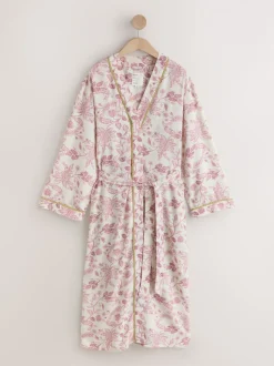 Roze bloemen - Viscose/Linen Blend Dressing Gown