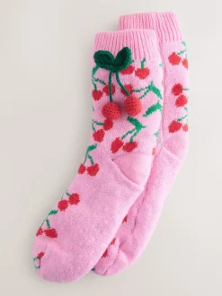 Roze kersen - 1 Paar grofgebreide pantoffelsokken