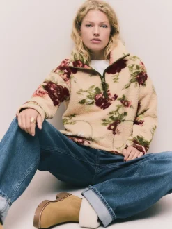 Roze met bloemenprint - Soft Touch Knusse Teddy Borg Kwartrondrits Fleece