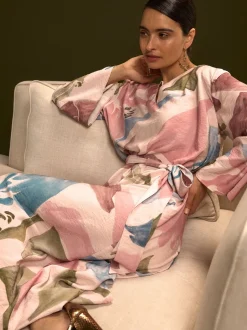 Roze met bloemenprint - V-Neck 3/4 Length Sleeve Maxi Kaftan Dress
