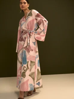 Roze met bloemenprint - V-Neck 3/4 Length Sleeve Maxi Kaftan Dress