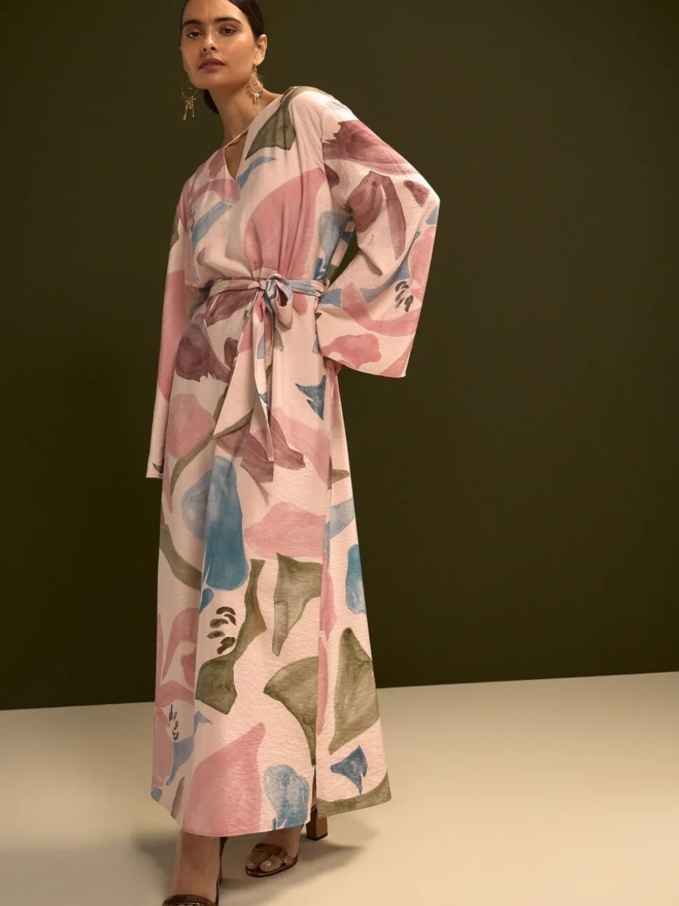 Roze met bloemenprint - V-Neck 3/4 Length Sleeve Maxi Kaftan Dress