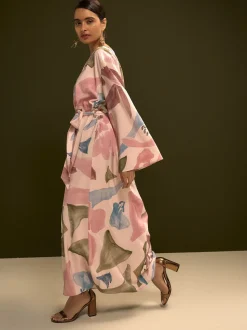 Roze met bloemenprint - V-Neck 3/4 Length Sleeve Maxi Kaftan Dress