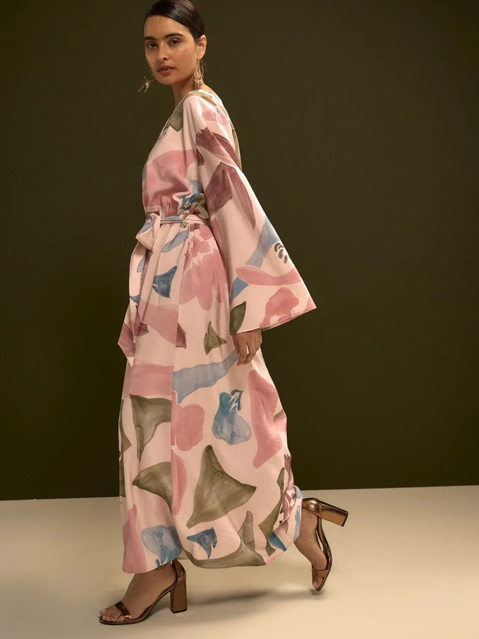 Roze met bloemenprint - V-Neck 3/4 Length Sleeve Maxi Kaftan Dress