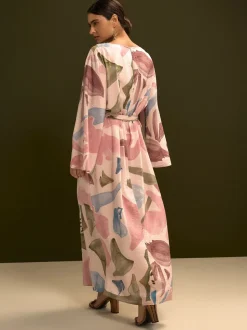 Roze met bloemenprint - V-Neck 3/4 Length Sleeve Maxi Kaftan Dress