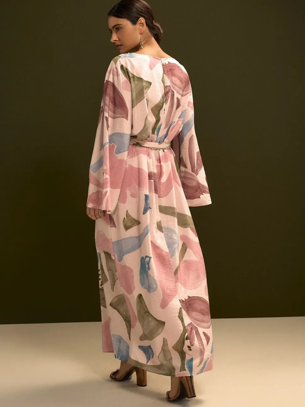 Roze met bloemenprint - V-Neck 3/4 Length Sleeve Maxi Kaftan Dress