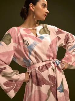 Roze met bloemenprint - V-Neck 3/4 Length Sleeve Maxi Kaftan Dress