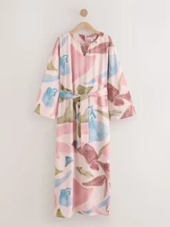 Roze met bloemenprint - V-Neck 3/4 Length Sleeve Maxi Kaftan Dress