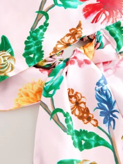 Roze met bloemenprint - Voorgestrikte satijnen hoofddoek